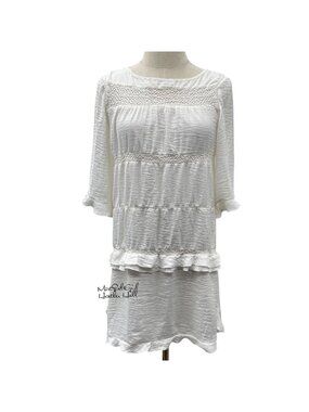 Who What Wear White Ruffle Hem Lace Detail 3/4 Sleeve Dress Size Small